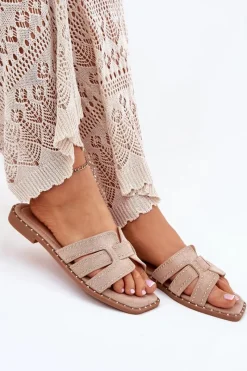 New Zdobione Klapki Na Płaskim Obcasie Khaki Anniles Damskie Klapki Damskie Klasyczne