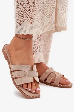 New Zdobione Klapki Na Płaskim Obcasie Khaki Anniles Damskie Klapki Damskie Klasyczne