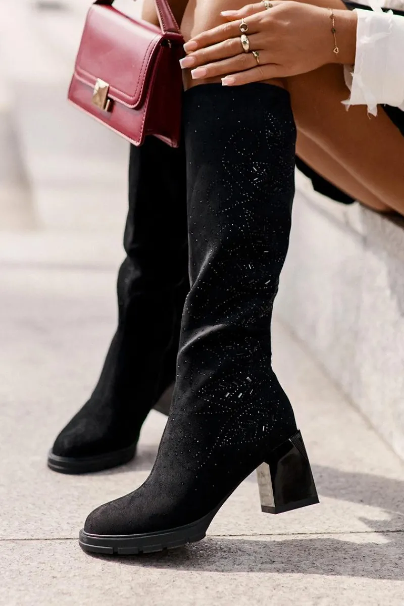 Hot Damskie buty S.Barski Zdobione Kozaki Damskie Przed Kolano Ocieplane Na Słupku MR880-158 Czarne