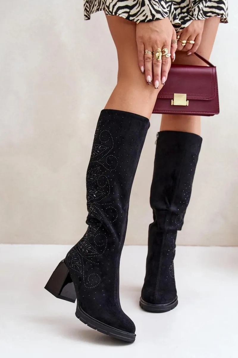 Hot Damskie buty S.Barski Zdobione Kozaki Damskie Przed Kolano Ocieplane Na Słupku MR880-158 Czarne