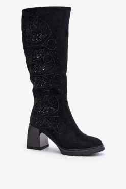 Hot Damskie buty S.Barski Zdobione Kozaki Damskie Przed Kolano Ocieplane Na Słupku MR880-158 Czarne