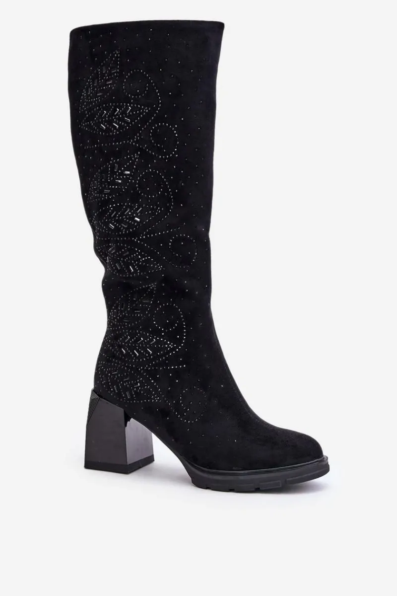 Hot Damskie buty S.Barski Zdobione Kozaki Damskie Przed Kolano Ocieplane Na Słupku MR880-158 Czarne