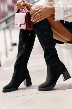 Hot Damskie buty S.Barski Zdobione Kozaki Damskie Przed Kolano Ocieplane Na Słupku MR880-158 Czarne