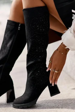 Hot Damskie buty S.Barski Zdobione Kozaki Damskie Przed Kolano Ocieplane Na Słupku MR880-158 Czarne