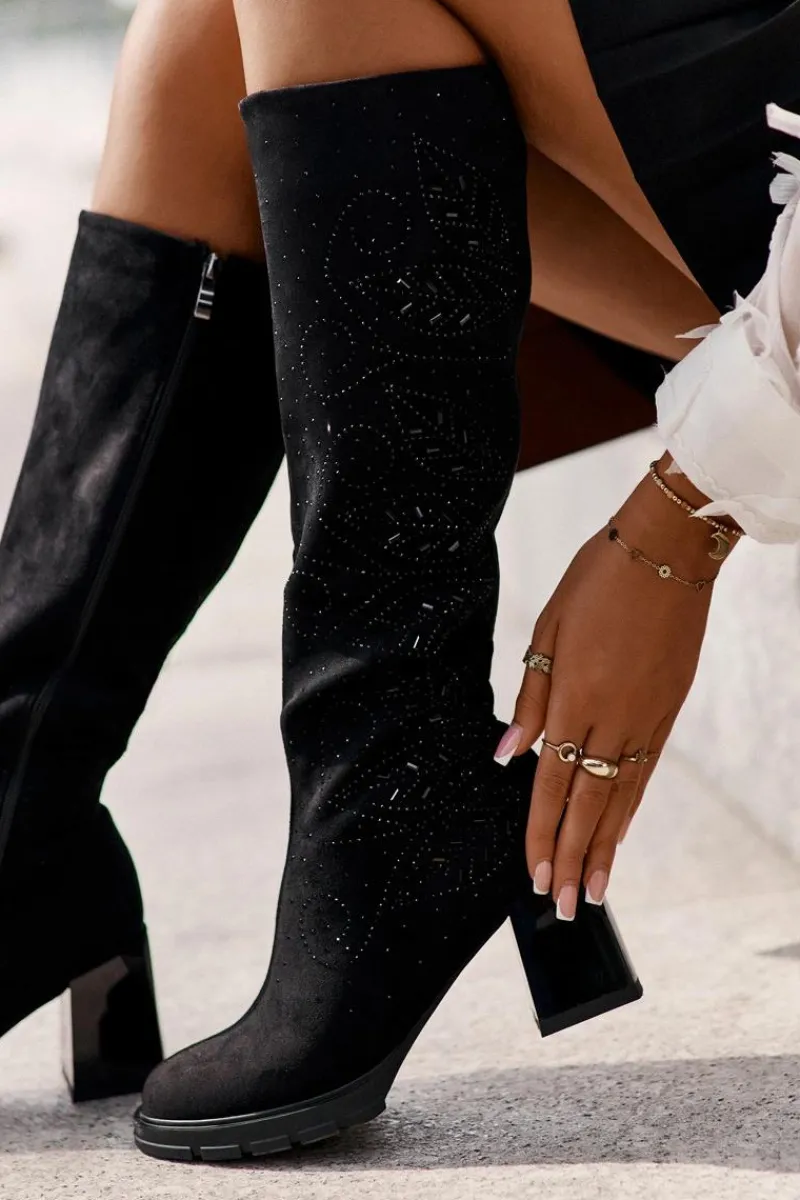 Hot Damskie buty S.Barski Zdobione Kozaki Damskie Przed Kolano Ocieplane Na Słupku MR880-158 Czarne