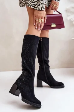 Hot Damskie buty S.Barski Zdobione Kozaki Damskie Przed Kolano Ocieplane Na Słupku MR880-158 Czarne