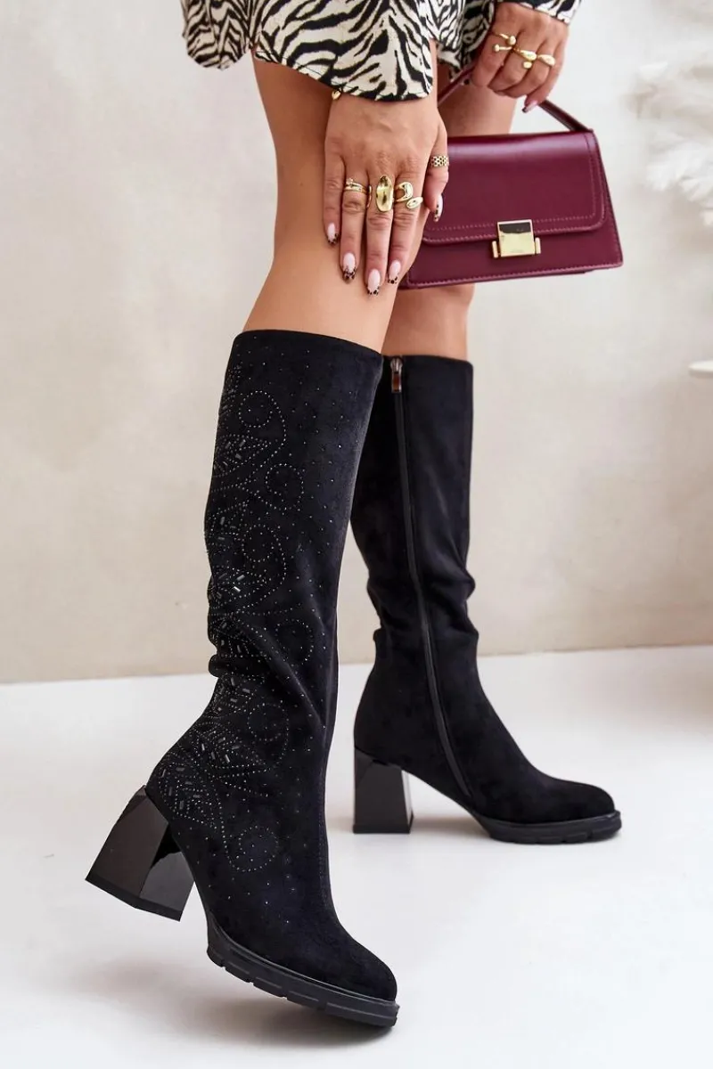 Hot Damskie buty S.Barski Zdobione Kozaki Damskie Przed Kolano Ocieplane Na Słupku MR880-158 Czarne