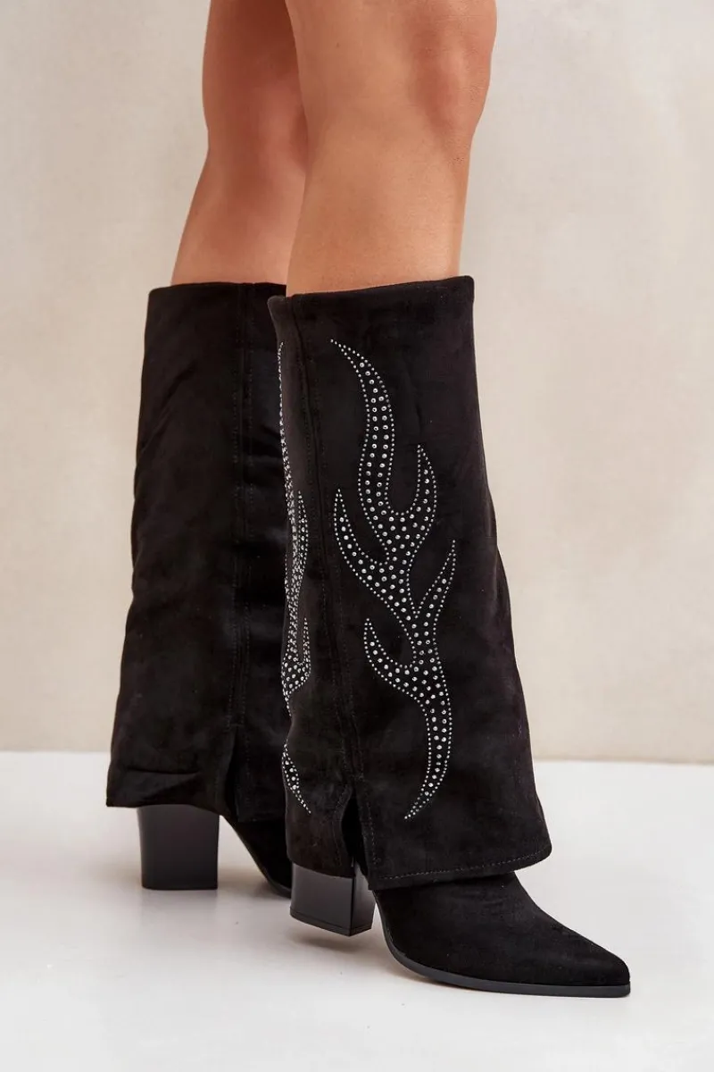 Online Boto Zdobione Kozaki Z Wywiniętą Cholewką Na Słupku Czarne Ivilta Czarny