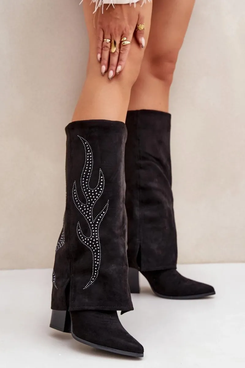 Online Boto Zdobione Kozaki Z Wywiniętą Cholewką Na Słupku Czarne Ivilta Czarny