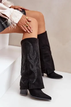 Online Boto Zdobione Kozaki Z Wywiniętą Cholewką Na Słupku Czarne Ivilta Czarny