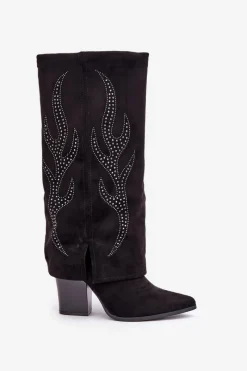 Online Boto Zdobione Kozaki Z Wywiniętą Cholewką Na Słupku Czarne Ivilta Czarny