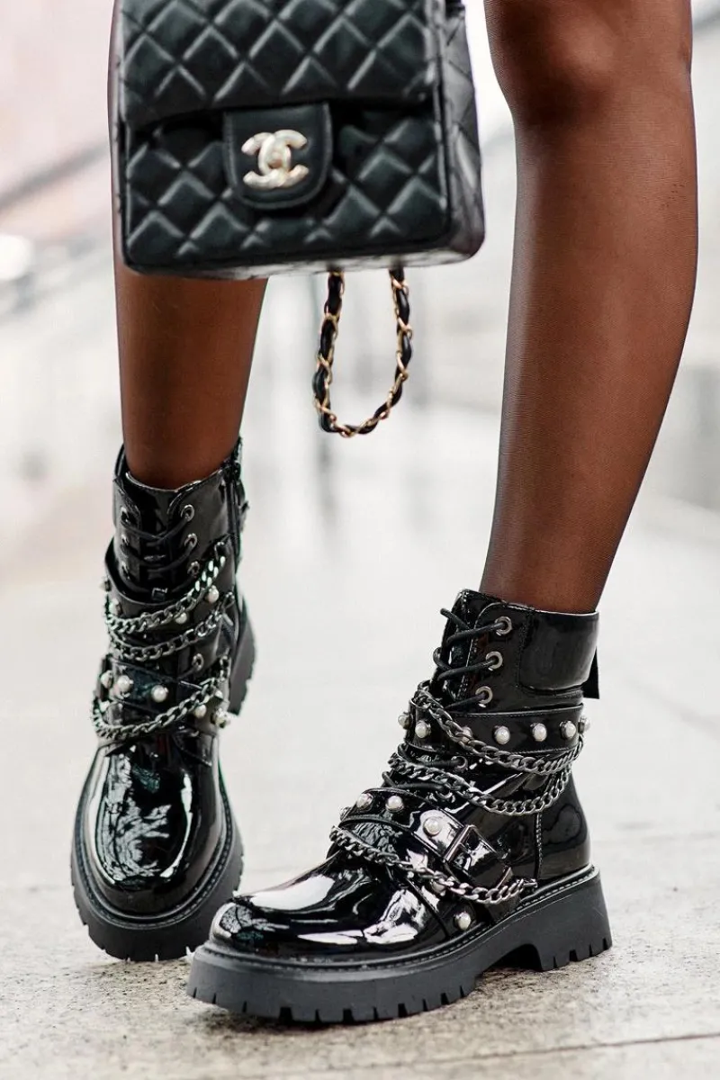 Outlet Boto Zdobione Lakierowane Damskie Botki Workery Czarne Sibenna