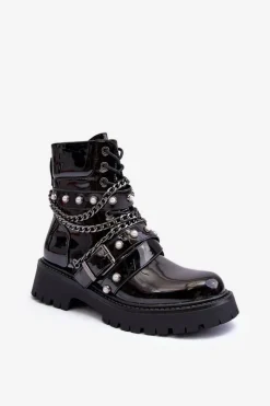 Outlet Boto Zdobione Lakierowane Damskie Botki Workery Czarne Sibenna