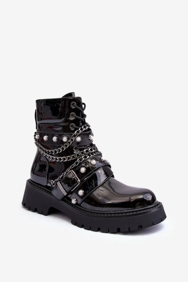 Outlet Boto Zdobione Lakierowane Damskie Botki Workery Czarne Sibenna