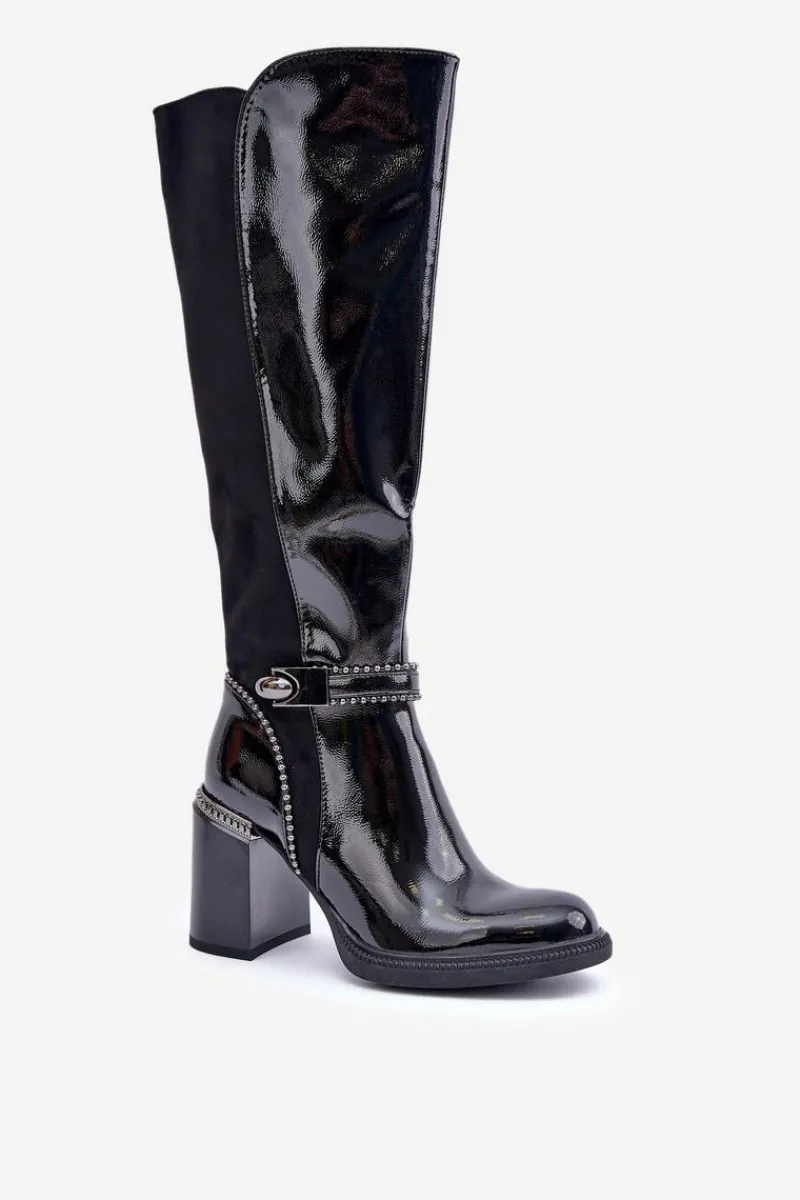 Kozaki Przed Kolano|Kozaki Na Obcasie>Damskie buty S.Barski Zdobione Lakierowane Kozaki Damskie Na Słupku D&A MR880-055 Czarne