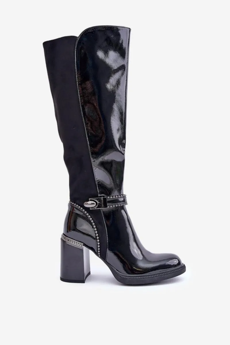 Kozaki Przed Kolano|Kozaki Na Obcasie>Damskie buty S.Barski Zdobione Lakierowane Kozaki Damskie Na Słupku D&A MR880-055 Czarne
