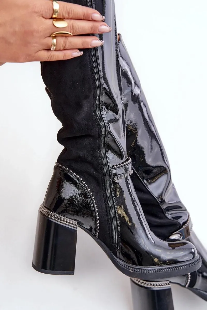 Kozaki Przed Kolano|Kozaki Na Obcasie>Damskie buty S.Barski Zdobione Lakierowane Kozaki Damskie Na Słupku D&A MR880-055 Czarne