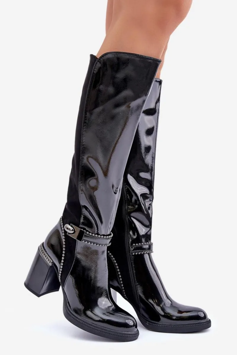 Kozaki Przed Kolano|Kozaki Na Obcasie>Damskie buty S.Barski Zdobione Lakierowane Kozaki Damskie Na Słupku D&A MR880-055 Czarne