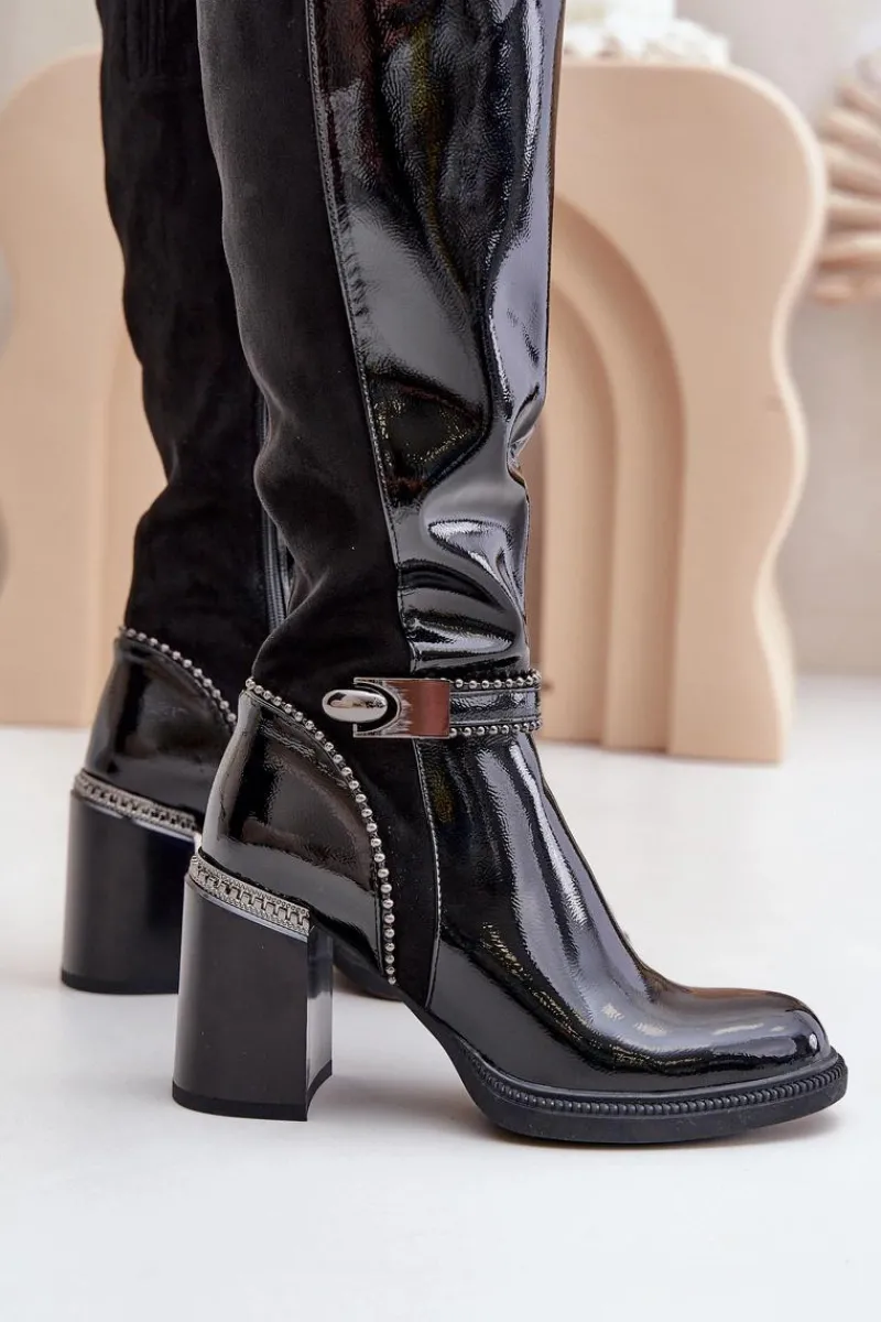 Kozaki Przed Kolano|Kozaki Na Obcasie>Damskie buty S.Barski Zdobione Lakierowane Kozaki Damskie Na Słupku D&A MR880-055 Czarne