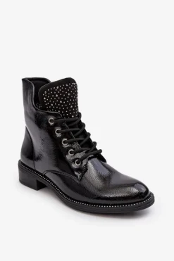 Best Boto Zdobione Lakierowane Niskie Botki Damskie Czarne Hattia