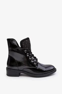 Best Boto Zdobione Lakierowane Niskie Botki Damskie Czarne Hattia