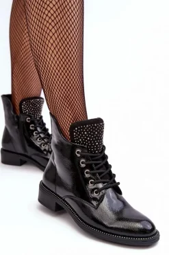 Best Boto Zdobione Lakierowane Niskie Botki Damskie Czarne Hattia