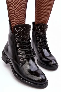 Best Boto Zdobione Lakierowane Niskie Botki Damskie Czarne Hattia