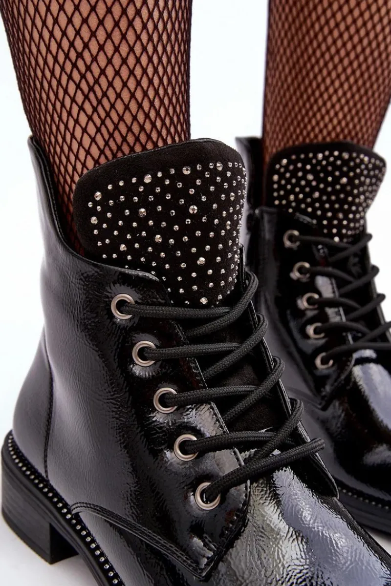 Best Boto Zdobione Lakierowane Niskie Botki Damskie Czarne Hattia