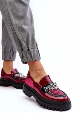 Outlet Zdobione Masywne Skórzane Półbuty Damskie 06294-15 Fuksja Damskie Półbuty Skórzane|Mokasyny Damskie Skórzane