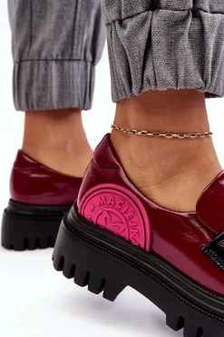 Outlet Zdobione Masywne Skórzane Półbuty Damskie 06294-15 Fuksja Damskie Półbuty Skórzane|Mokasyny Damskie Skórzane