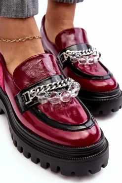 Outlet Zdobione Masywne Skórzane Półbuty Damskie 06294-15 Fuksja Damskie Półbuty Skórzane|Mokasyny Damskie Skórzane