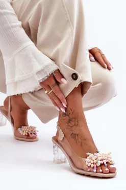 Hot Damskie buty S.Barski Zdobione Modne Sandały Na Słupku Beżowe S.Barski MR1037-23