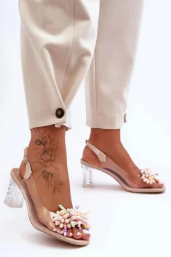 Hot Damskie buty S.Barski Zdobione Modne Sandały Na Słupku Beżowe S.Barski MR1037-23