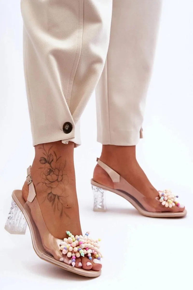 Hot Damskie buty S.Barski Zdobione Modne Sandały Na Słupku Beżowe S.Barski MR1037-23