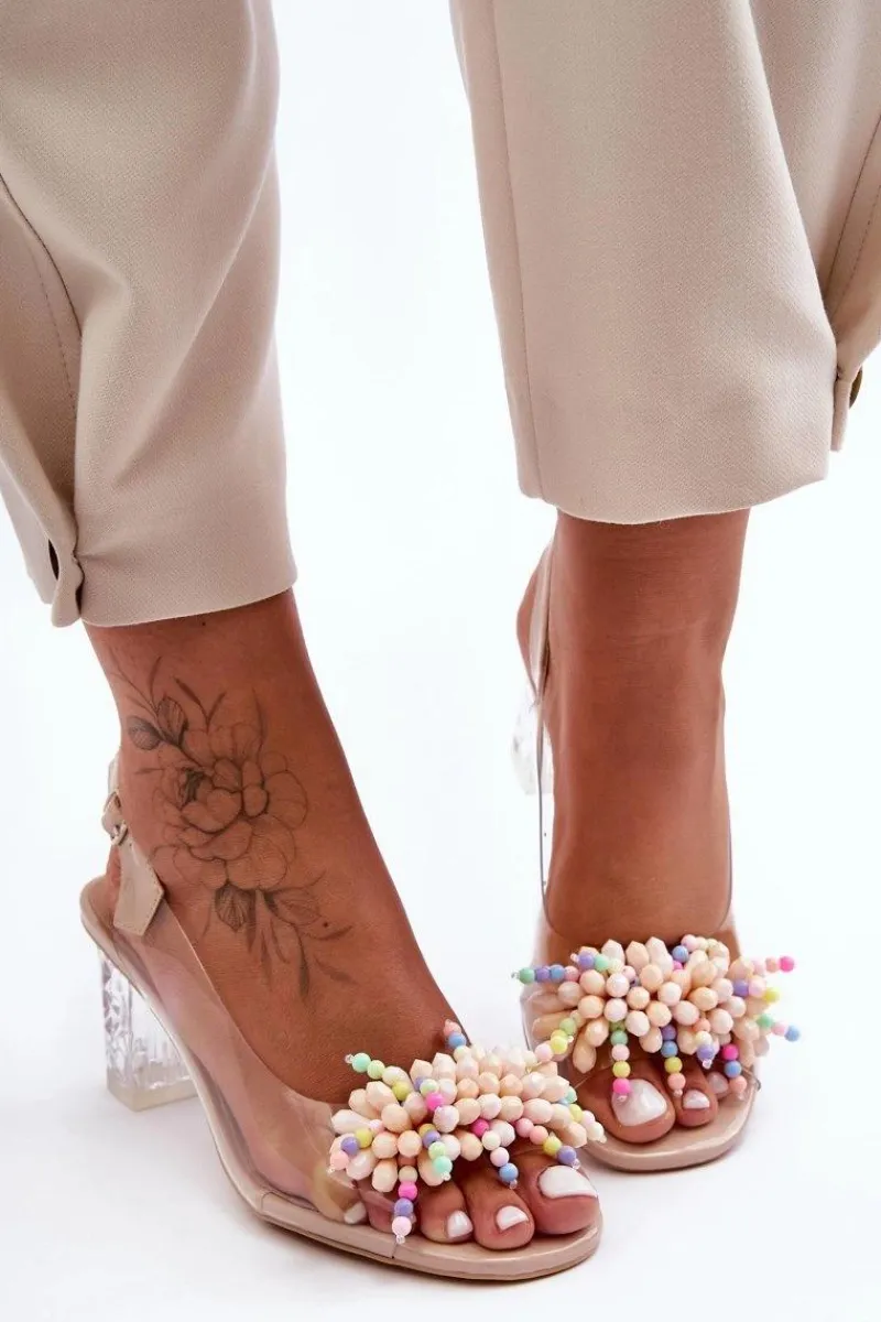 Hot Damskie buty S.Barski Zdobione Modne Sandały Na Słupku Beżowe S.Barski MR1037-23