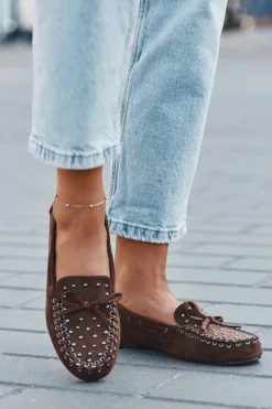 Discount Boto Zdobione Mokasyny Damskie Z Eko Zamszu Brązowe Prissine