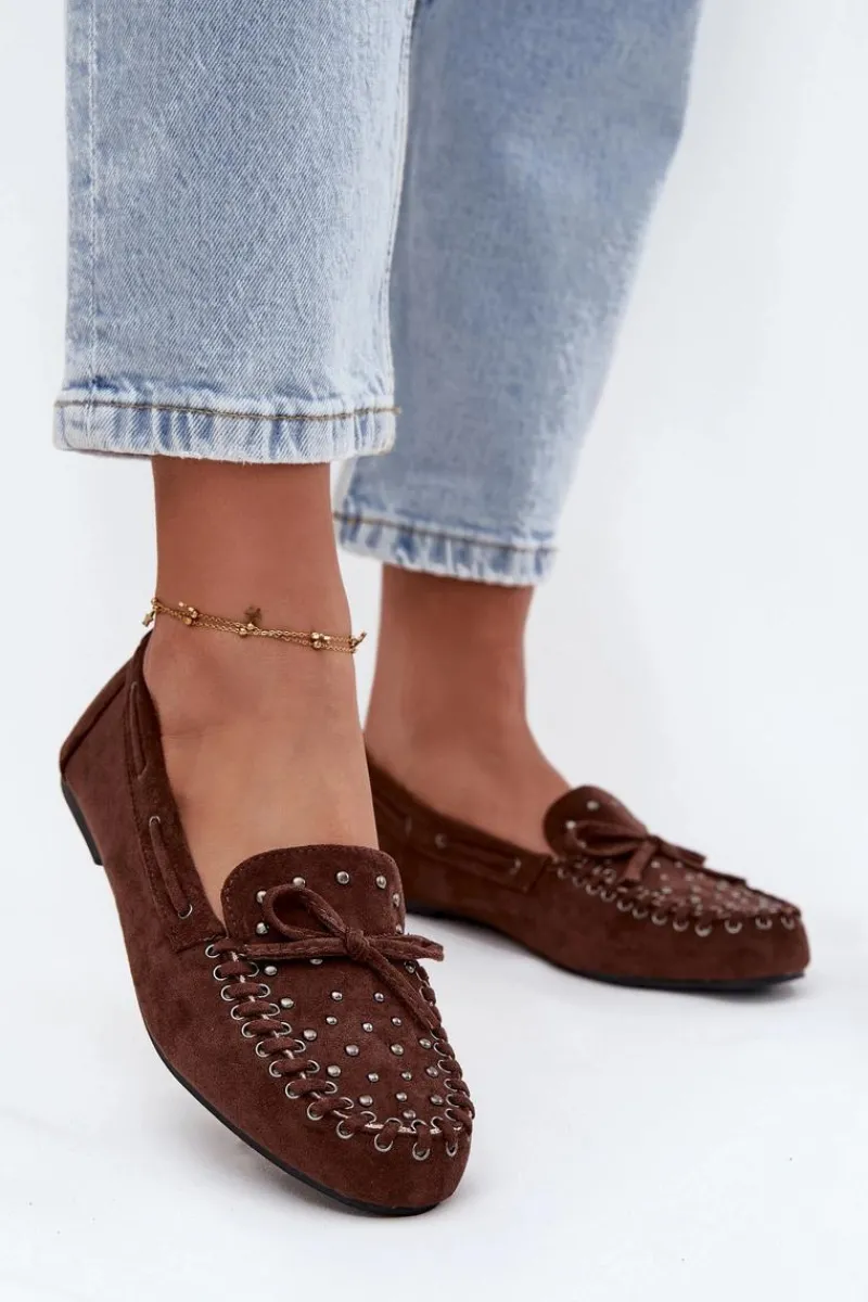 Discount Boto Zdobione Mokasyny Damskie Z Eko Zamszu Brązowe Prissine