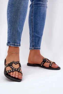 Clearance Boto Zdobione Płaskie Klapki Damskie Czarne Adivrae Czarny