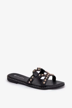 Clearance Boto Zdobione Płaskie Klapki Damskie Czarne Adivrae Czarny