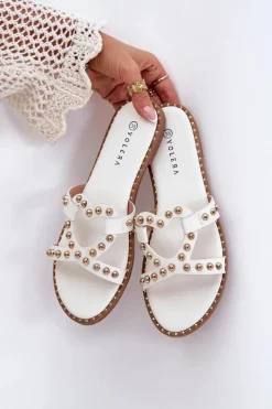 Sale Zdobione Płaskie Klapki Damskie Białe Adivrae Damskie Klapki Damskie Klasyczne