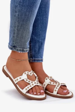 Sale Zdobione Płaskie Klapki Damskie Białe Adivrae Damskie Klapki Damskie Klasyczne