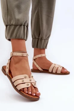 Sale Zdobione Sandały Damskie Na Płaskim Obcasie Beżowe Ianaera Damskie Sandały Płaskie