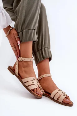 Sale Zdobione Sandały Damskie Na Płaskim Obcasie Beżowe Ianaera Damskie Sandały Płaskie