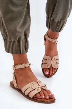 Sale Zdobione Sandały Damskie Na Płaskim Obcasie Beżowe Ianaera Damskie Sandały Płaskie