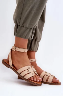 Sale Zdobione Sandały Damskie Na Płaskim Obcasie Beżowe Ianaera Damskie Sandały Płaskie