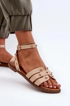 Sale Zdobione Sandały Damskie Na Płaskim Obcasie Beżowe Ianaera Damskie Sandały Płaskie