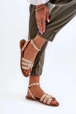 Sale Zdobione Sandały Damskie Na Płaskim Obcasie Beżowe Ianaera Damskie Sandały Płaskie