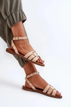 Sale Zdobione Sandały Damskie Na Płaskim Obcasie Beżowe Ianaera Damskie Sandały Płaskie