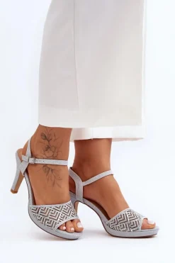 Best D&A Zdobione Sandały Na Obcasie MR1038-44 Srebrne Srebrny