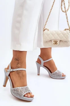 Best D&A Zdobione Sandały Na Obcasie MR1038-44 Srebrne Srebrny